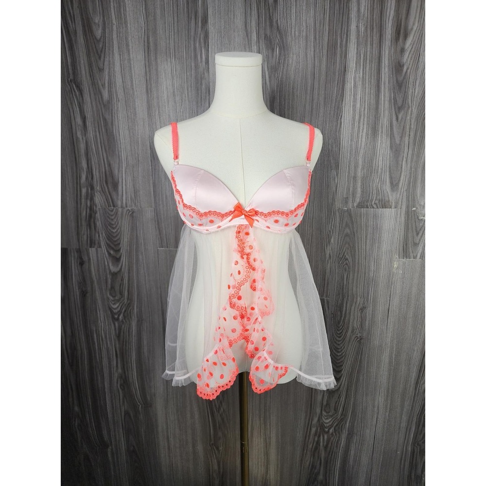 Victoria's Secret Pink Coral Satin Mesh Babydoll Chemise Lingerie 34C